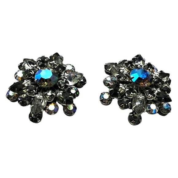 Vintage Rhinestone Earrings Fleur de Lis Aurora Borealis Gray Clear Clip Ons Cos - Picture 3 of 11